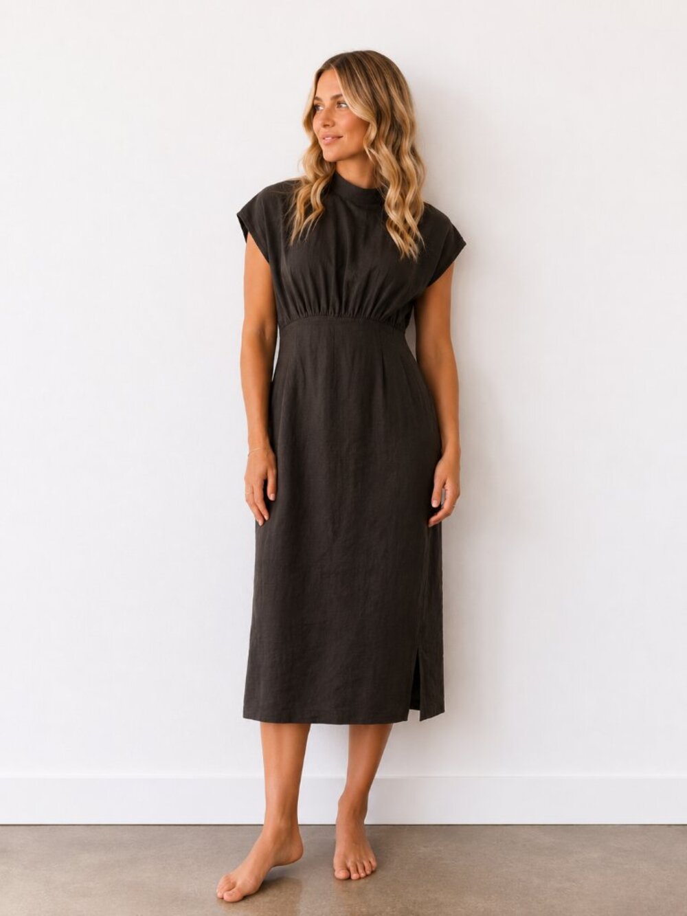 ASOS Black Midi Dress with High Neck - Linen blend
